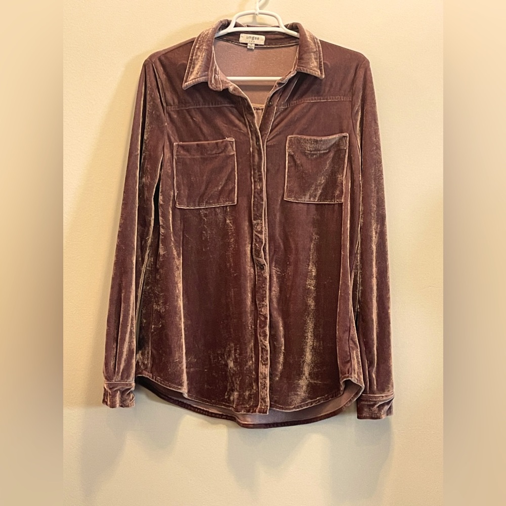 Umgee Dusty Rose Colored Velour-style Long Sleeve Button Front Shirt Size Small